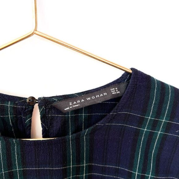 Zara Navy Blue Green Plaid Long Sleeve Top Small - Picture 3 of 8